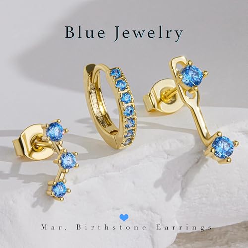 Poxtex Gold Blue Earrings for Women, Light Blue March Birthstone Earrings Set, Huggie Hoop Jacket Earring Stack for Multiple Piercing Trendy Jewelry Gifts - Image 3