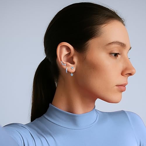 Poxtex Gold Blue Earrings for Women, Light Blue March Birthstone Earrings Set, Huggie Hoop Jacket Earring Stack for Multiple Piercing Trendy Jewelry Gifts - Image 2