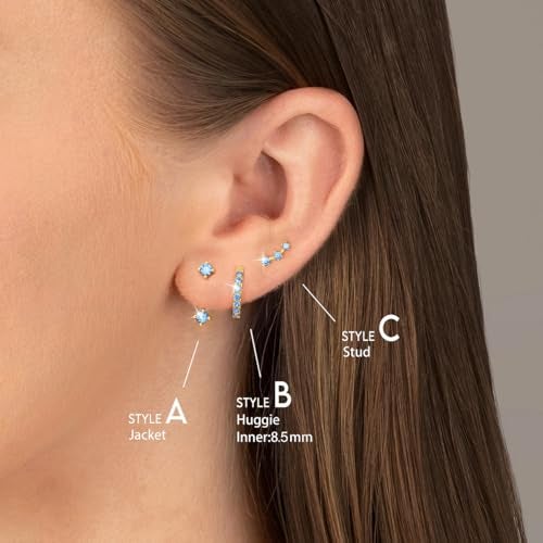 Poxtex Gold Blue Earrings for Women, Light Blue March Birthstone Earrings Set, Huggie Hoop Jacket Earring Stack for Multiple Piercing Trendy Jewelry Gifts - Image 5