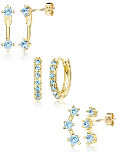 Poxtex Gold Blue Earrings for Women, Light Blue March Birthstone Earrings Set, Huggie Hoop Jacket Earring Stack for Multiple Piercing Trendy Jewelry Gifts - Image 1