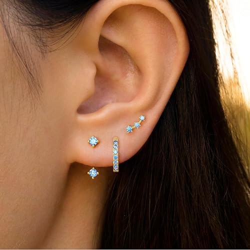 Poxtex Gold Blue Earrings for Women, Light Blue March Birthstone Earrings Set, Huggie Hoop Jacket Earring Stack for Multiple Piercing Trendy Jewelry Gifts - Image 4