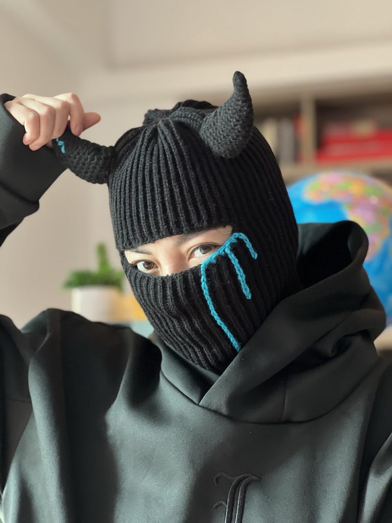 OATSBAS Funny Devil Horns Knitted Beanies Hat for Men Women Warm Balaclava Hat Full Face Ski Mask Hat (One Size,Black Vertical) - Image 2