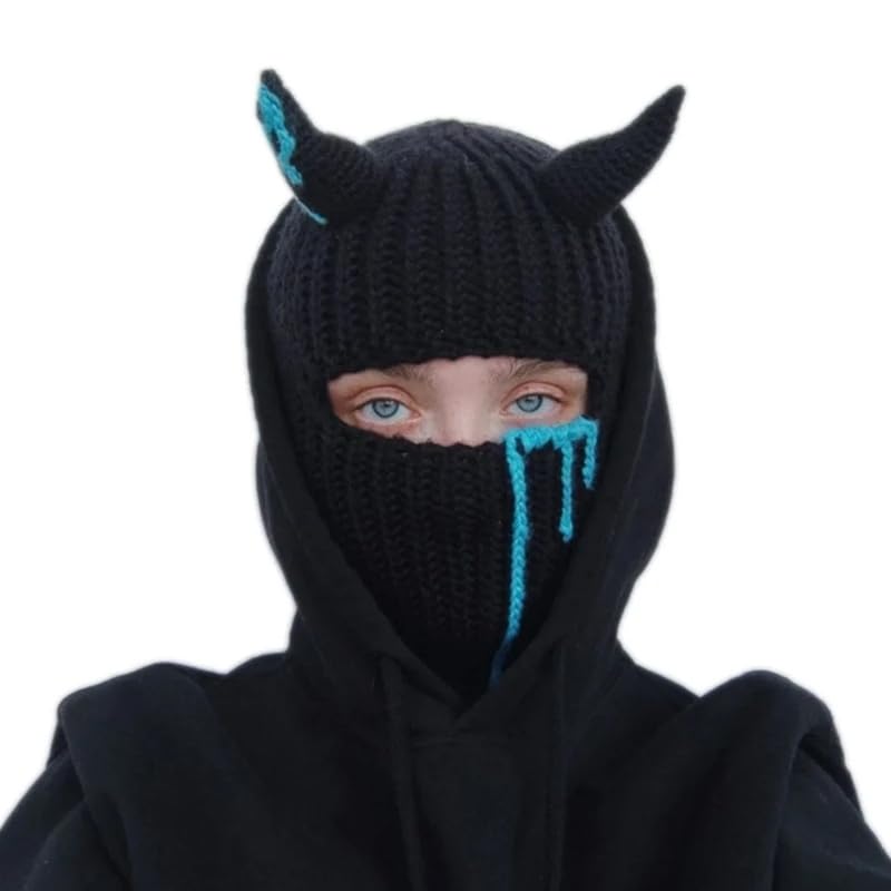 OATSBAS Funny Devil Horns Knitted Beanies Hat for Men Women Warm Balaclava Hat Full Face Ski Mask Hat (One Size,Black Vertical) - Image 1