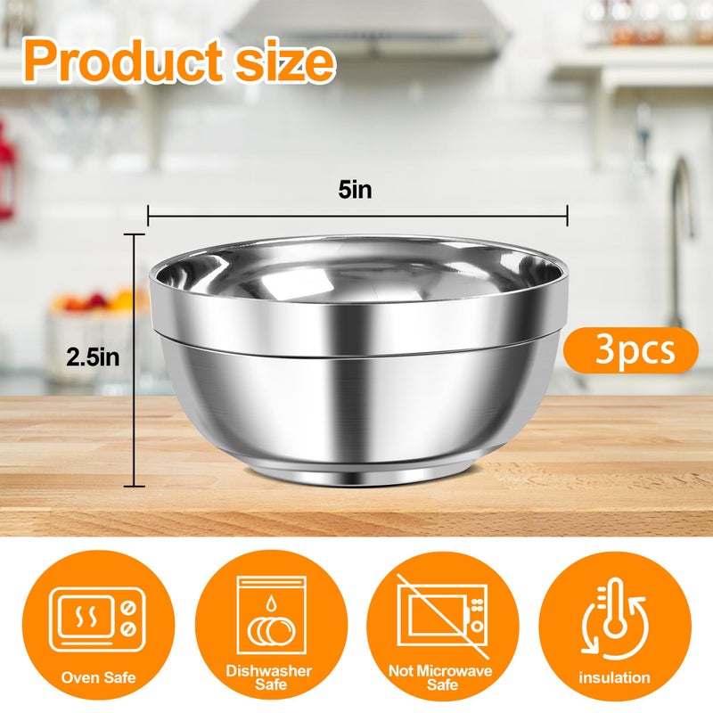 meiqidi 3 Pack Stainless Steel Bowls, 12oz Double-Walled Insulated Serving Dishes Snack Bowls for Ramen, Salad, Ice Cream, Soups - Image 3