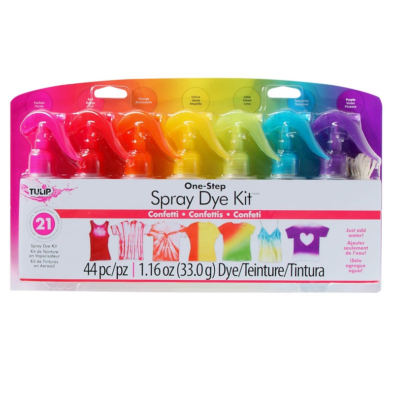Tulip OneStep Spray TieDye Kit 7 Vibrant Colors of Fabric Dye Fuchsia Red Orange Yellow Lime Green Turquoise Purple Gloves and Easy Instructions - Image 4