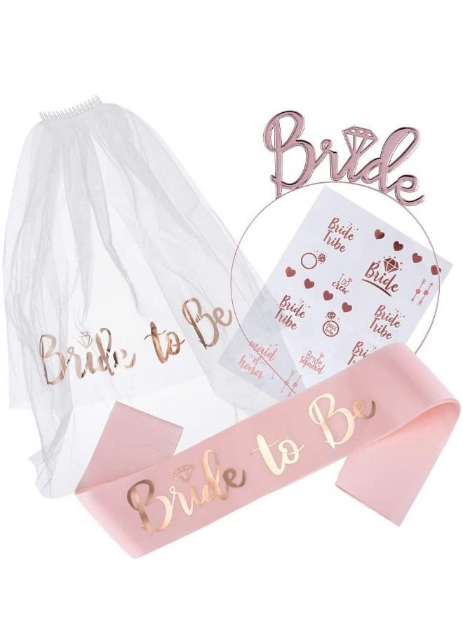 4-Pack Bride to Be Decoration Set, Bride Sash, Headband Tiara, Shoulder Length Veil, Decorative Stickers, Bride to Be Gifts Decorations Wedding  - Image 1