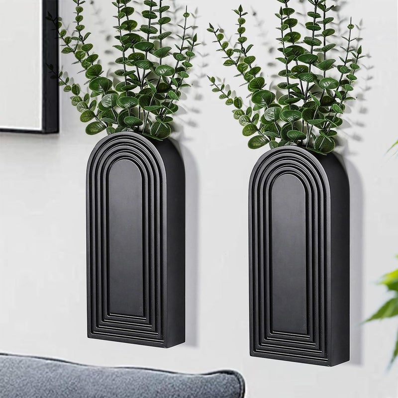 Dnnnii 2 Pack Wooden Wall Vase Set  Black Finish Modern Farmhouse  Boho Wall Decor for Entryway Hallway Bathroom Living Room Dining Room Narrow Spaces