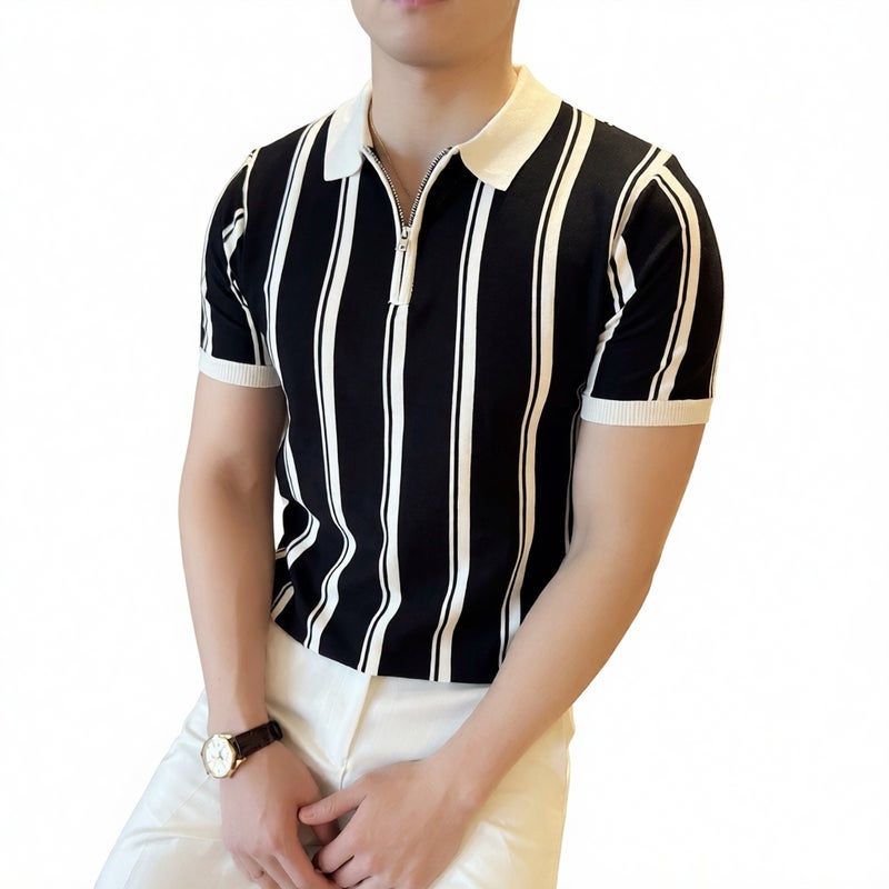Slim Fit Half Zip Striped Short Sleeve Polo Shirt