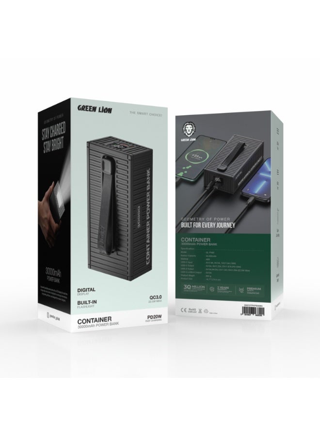 GREEN LION 30000mAh Power Bank PD 20W, Container Power Unit with 4 in 1 Charging Cable / Built In Carry Strap & Flashlight / Geometric Design / Digital Display / ABS Material - Black - Image 3