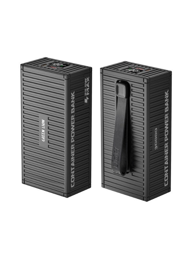 GREEN LION 30000mAh Power Bank PD 20W, Container Power Unit with 4 in 1 Charging Cable / Built In Carry Strap & Flashlight / Geometric Design / Digital Display / ABS Material - Black - Image 1