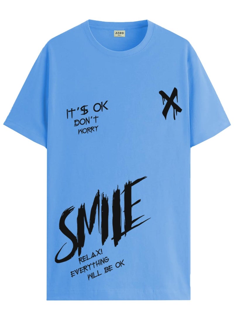 ADRO Men's Smile Printed Cotton T-Shirt - Sky Blue - Image 1