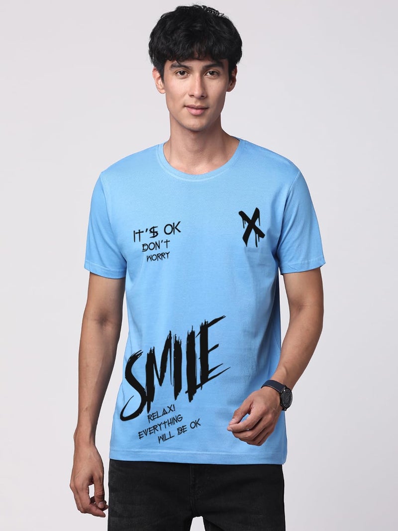 ADRO Men's Smile Printed Cotton T-Shirt - Sky Blue - Image 4