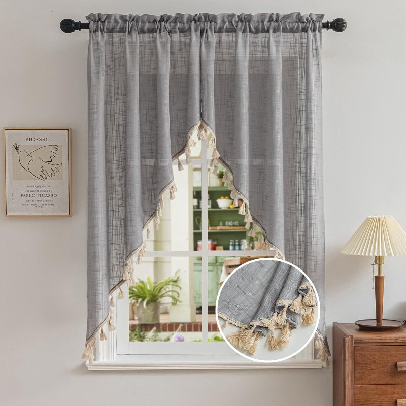 BD BEDA HOME Beda Home Tassel Linen Textured Swag Curtain Valance for Farmhousesâ€™ Kitchen; Light Filtering Rustic Short Swag Topper for Small Windows Bedroom Privacy Added Rod Pocket Design (36W x 63L, Grey) - Image 1