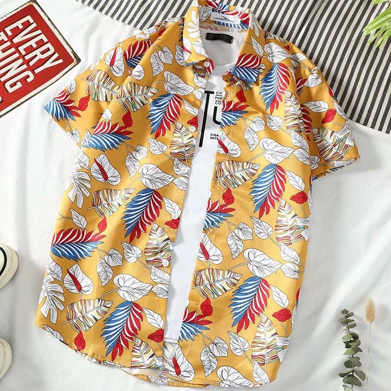 South Korea vintage leaves pineapple floral couple's short-sleeved shirt summer versatile men's and women's same Beach seaside shirt - Image 1