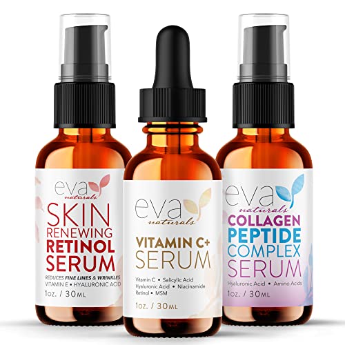 Eva Naturals Trifecta Bundle  Vitamin C Plus Collagen Peptide Retinol  Serum Set for Collagen Boost Anti Aging  Youthful Glowing Skin