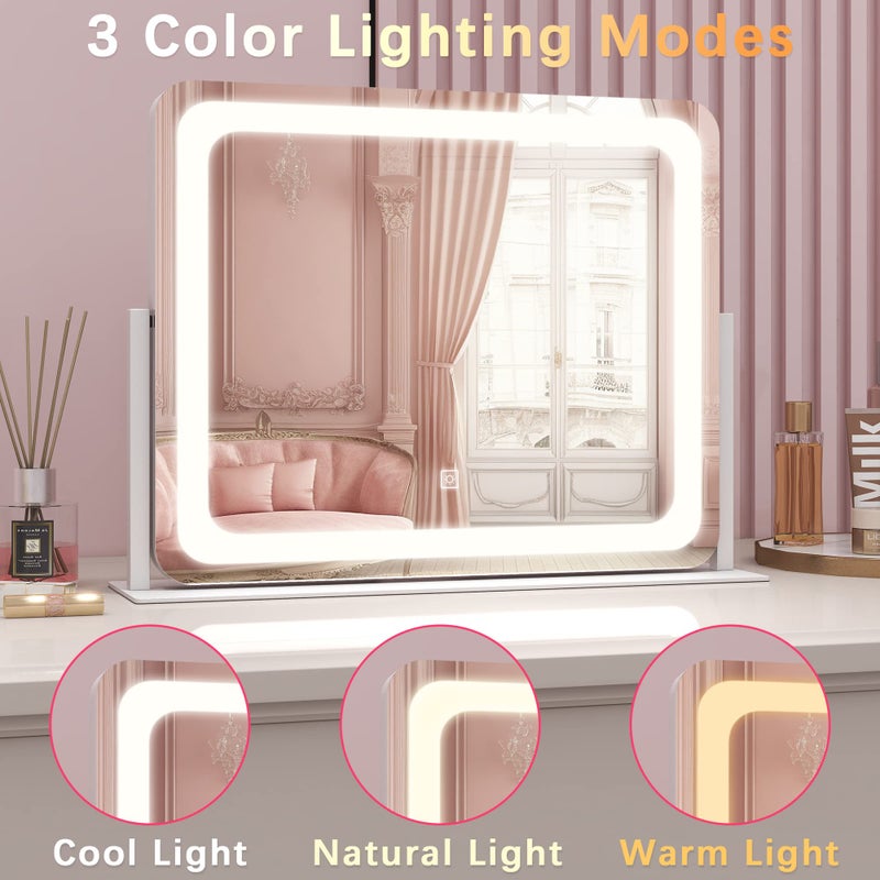 ROLOVE 22x17 Inch Lighted Vanity Mirror with Dimmable LED Lights - 3 Color Modes, Smart Touch Control & 360Â° Rotating Base - Desk Makeup Mirror (White) - Image 3