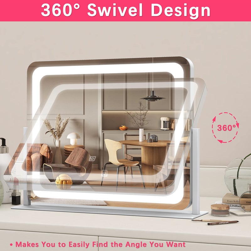 ROLOVE 22x17 Inch Lighted Vanity Mirror with Dimmable LED Lights - 3 Color Modes, Smart Touch Control & 360Â° Rotating Base - Desk Makeup Mirror (White) - Image 5