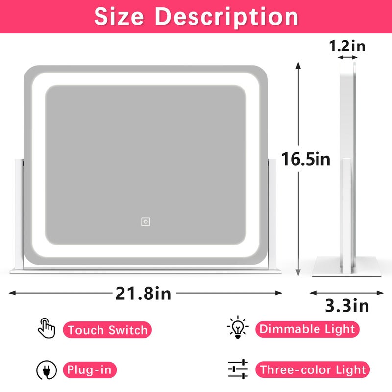 ROLOVE 22x17 Inch Lighted Vanity Mirror with Dimmable LED Lights - 3 Color Modes, Smart Touch Control & 360Â° Rotating Base - Desk Makeup Mirror (White) - Image 2
