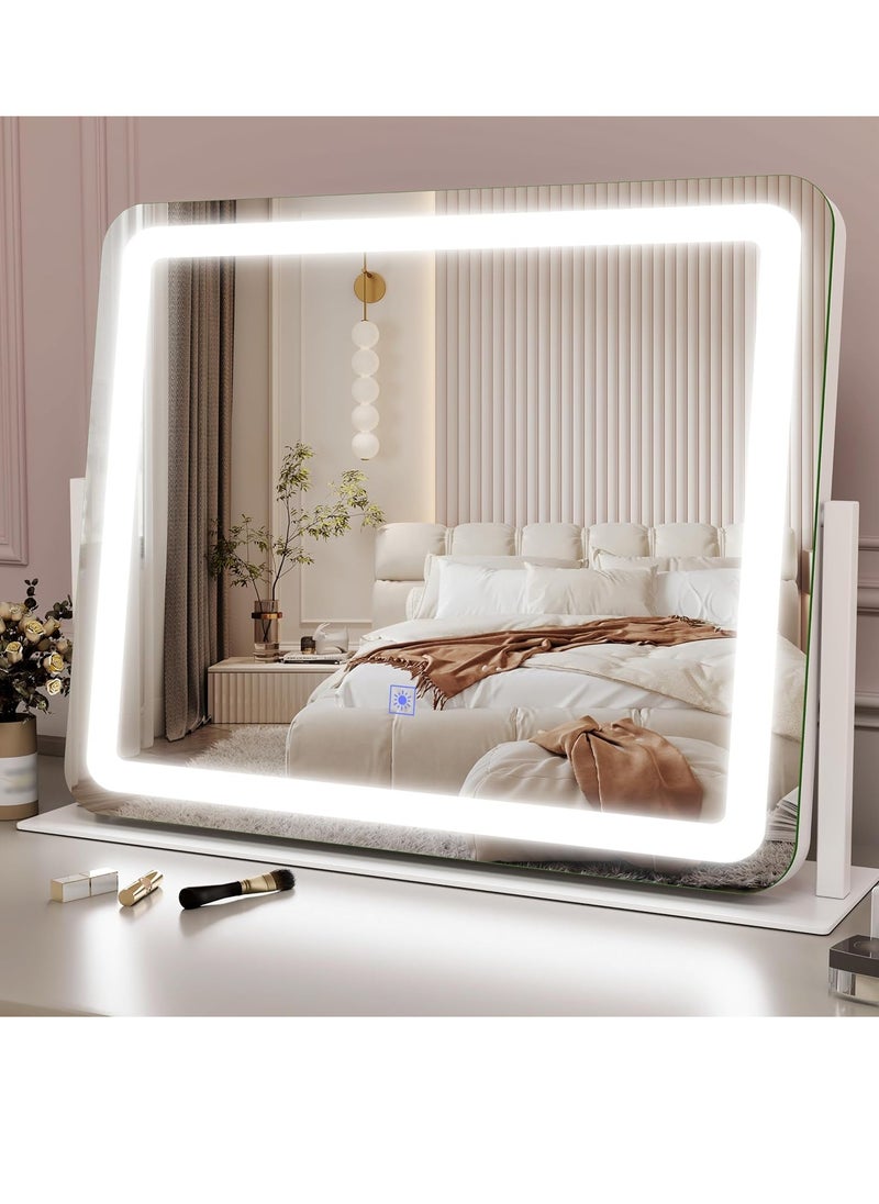 Rolove Vanity Mirror Makeup Mirror with Lights, Large Lighted Vanity Mirror, Light Up Mirror with Smart Touch 3 Colors Dimmable, Tabletop Mirror for Makeup Desk, 360° Rotation, 22" x 19", White  - Image 1