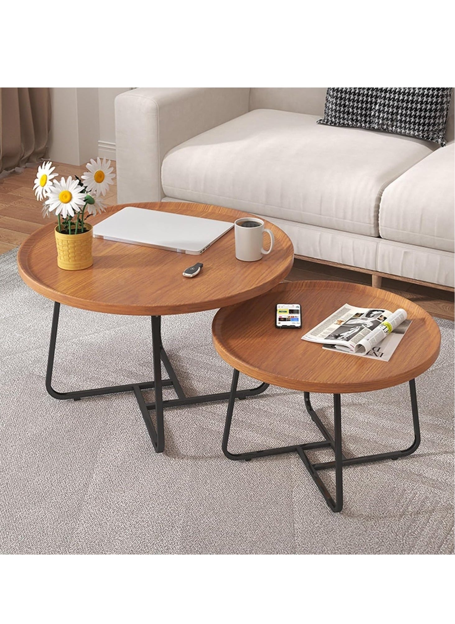 DUSALA Round End Table Set of 2 Industrial Side Table Nesting Set with Rustic Wood Raised Tray Top Edge and Metal Leg Sofa Tables Coffee Table for Living Room Bedroom Farmhouse Hotel Small Space Waln 