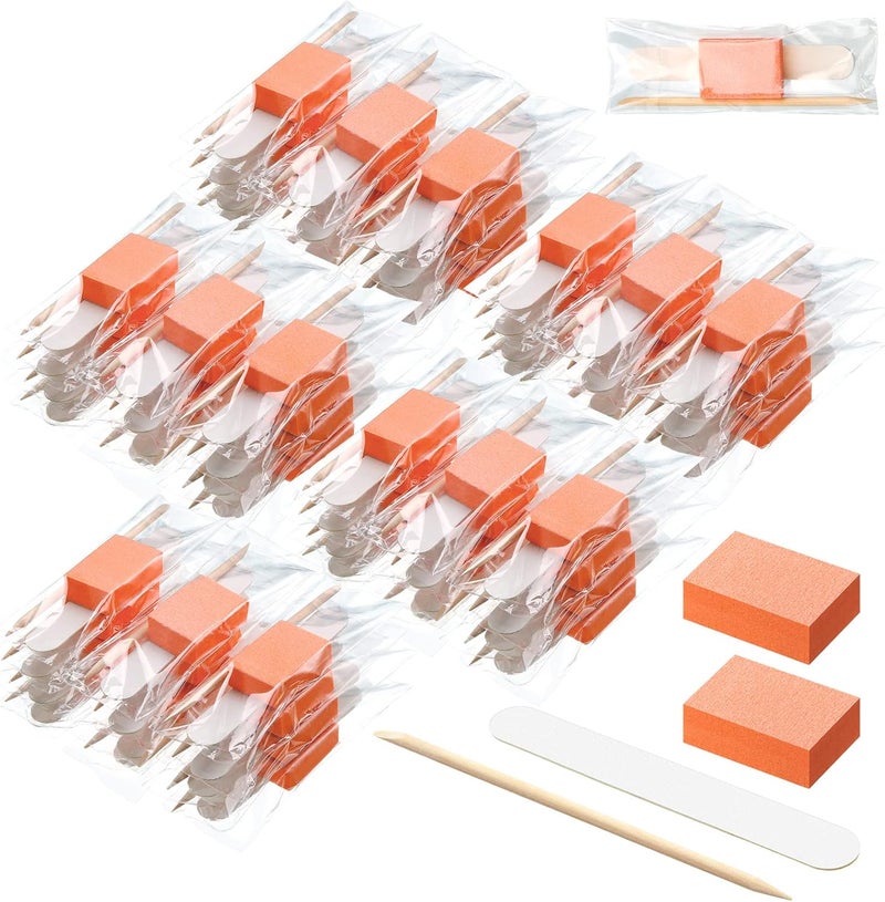 Leelosp 120 Sets Disposable Manicure Kit Basics 3 Pieces Nail Kit, White Wood Nail File 180/180 Grit, Orange Mini Buffer 100/180 Grit, Individually Packed Mini Pedicure Set for Fingernails Toenails 