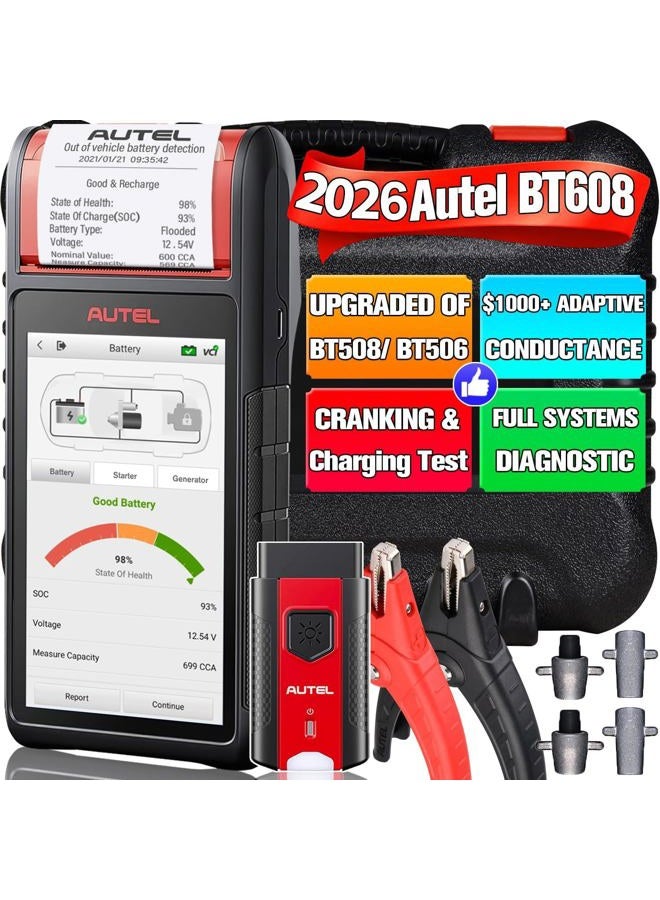 Autel MaxiBAS BT608 (E) Car Battery Tester, 2026 Up of BT508/ BT506, Adaptive Conductance (Worth 1000+), Cranking Charging Test as BT609, Battery Reset, MK808S/ MX808S Full Systems, Built-in Printer - Image 1