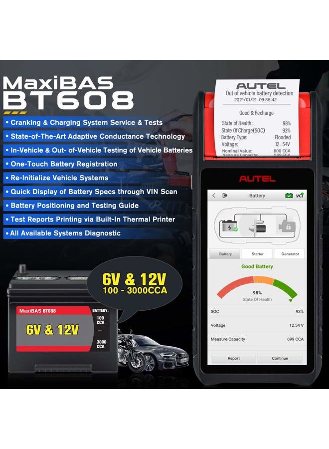 Autel MaxiBAS BT608 (E) Car Battery Tester, 2026 Up of BT508/ BT506, Adaptive Conductance (Worth 1000+), Cranking Charging Test as BT609, Battery Reset, MK808S/ MX808S Full Systems, Built-in Printer - Image 2