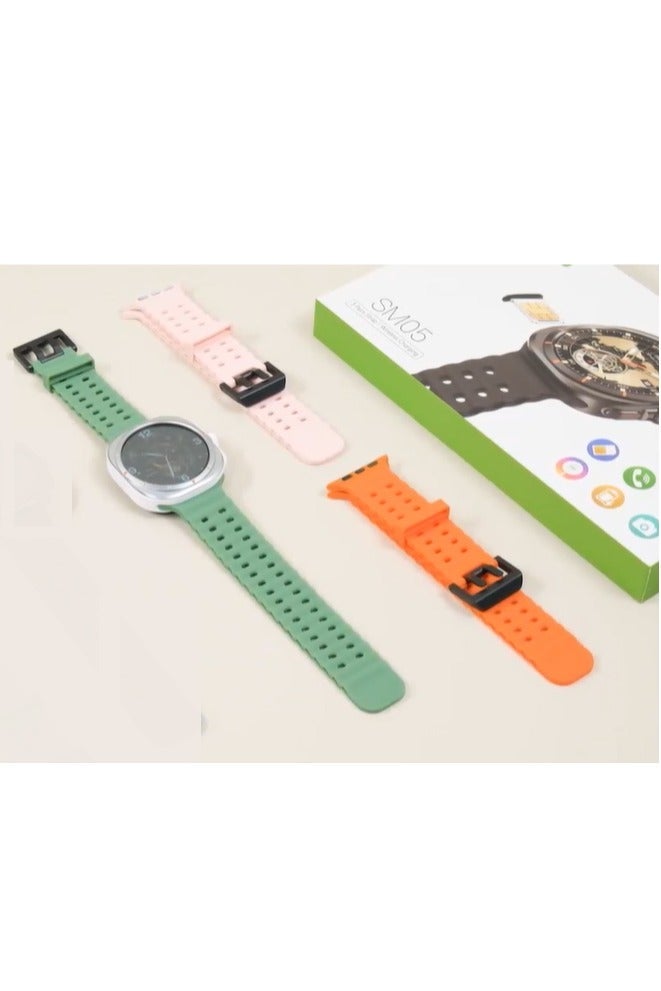 modio Modio SM05 Smartwatch with HD Calling Sim Card Support With 3 Pair Straps Charging Cable Designed for Men Silver - Image 2