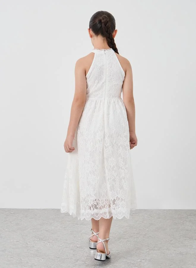 Styli Girls Off White Lace Halter Neck Dress
