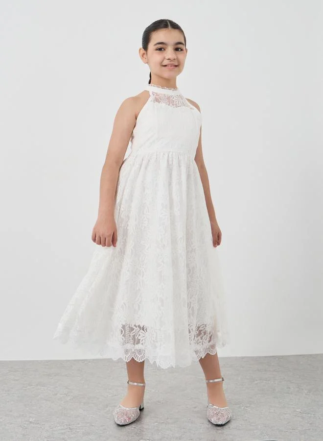 Styli Styli Girls Off White Lace Halter Neck Dress