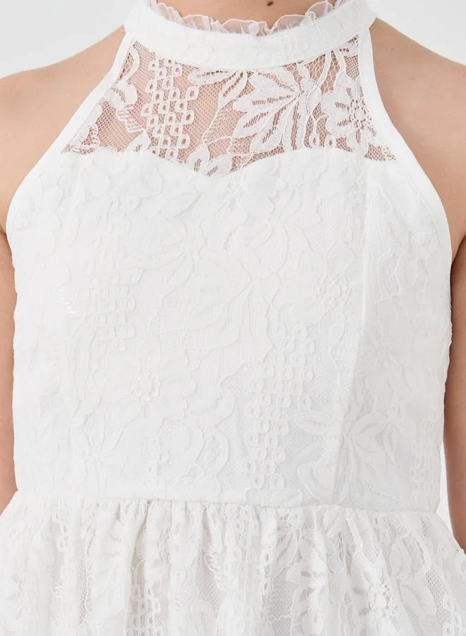Styli Girls Off White Lace Halter Neck Dress