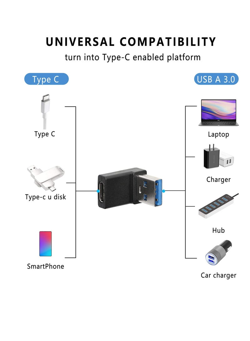 KASTWAVE محول USB A ذكر إلى USB C أنثى بزاوية قائمة، تمديد كوع 90 درجة، موصل كابل USB3.0 إلى النوع C يدعم نقل البيانات ثنائي الاتجاه بسرعة 5 جيجابت في الثانية، لأجهزة الكمبيوتر المحمولة والهواتف والكمبيوتر الشخصي - قطعتان (زاوية سوداء لأعلى ولأسفل) - Image 2