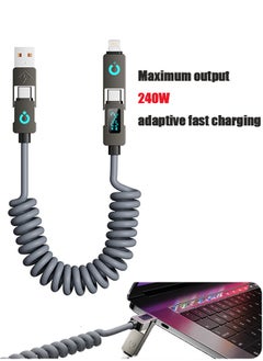 240W with Digital Display Screen, Universal 4-in-1 High-speed Charging Data Cable, Multifunctional Super Fast Charging Spring Retractable Fast Charging Cable, Suitable for Various Models Such as iPhone, Xiaomi, Huawei et
