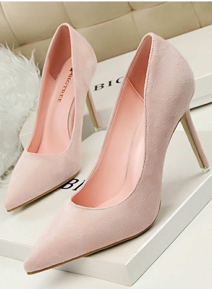 بيج تري Women's Elegant Coral Velvet Stiletto Pumps 9 CM Fashion Gorgeous Closed Pointed Toe Slip On Solid High Heels Pink - Image 1