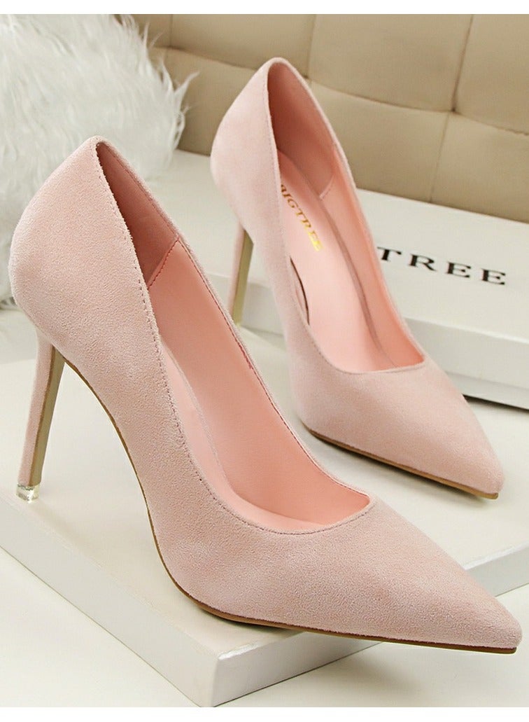 بيج تري Women's Elegant Coral Velvet Stiletto Pumps 9 CM Fashion Gorgeous Closed Pointed Toe Slip On Solid High Heels Pink - Image 2