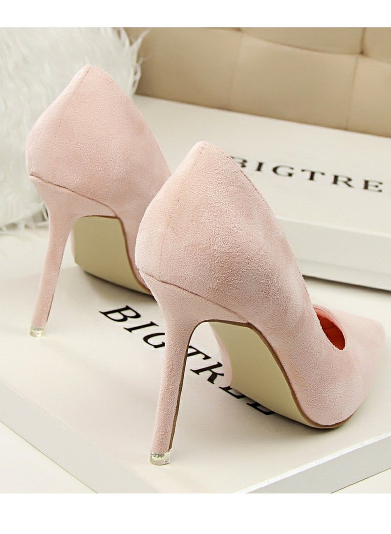 بيج تري Women's Elegant Coral Velvet Stiletto Pumps 9 CM Fashion Gorgeous Closed Pointed Toe Slip On Solid High Heels Pink - Image 3