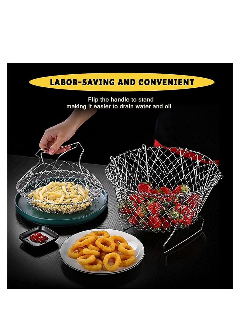 Foldable Stainless Steel Deep Fry Basket Multifunction Steam Rinse Strain Strainer Net Telescopic Folding for Fried Food or Fruits Kitchen Utensil Cooking Gadgets - Image 3