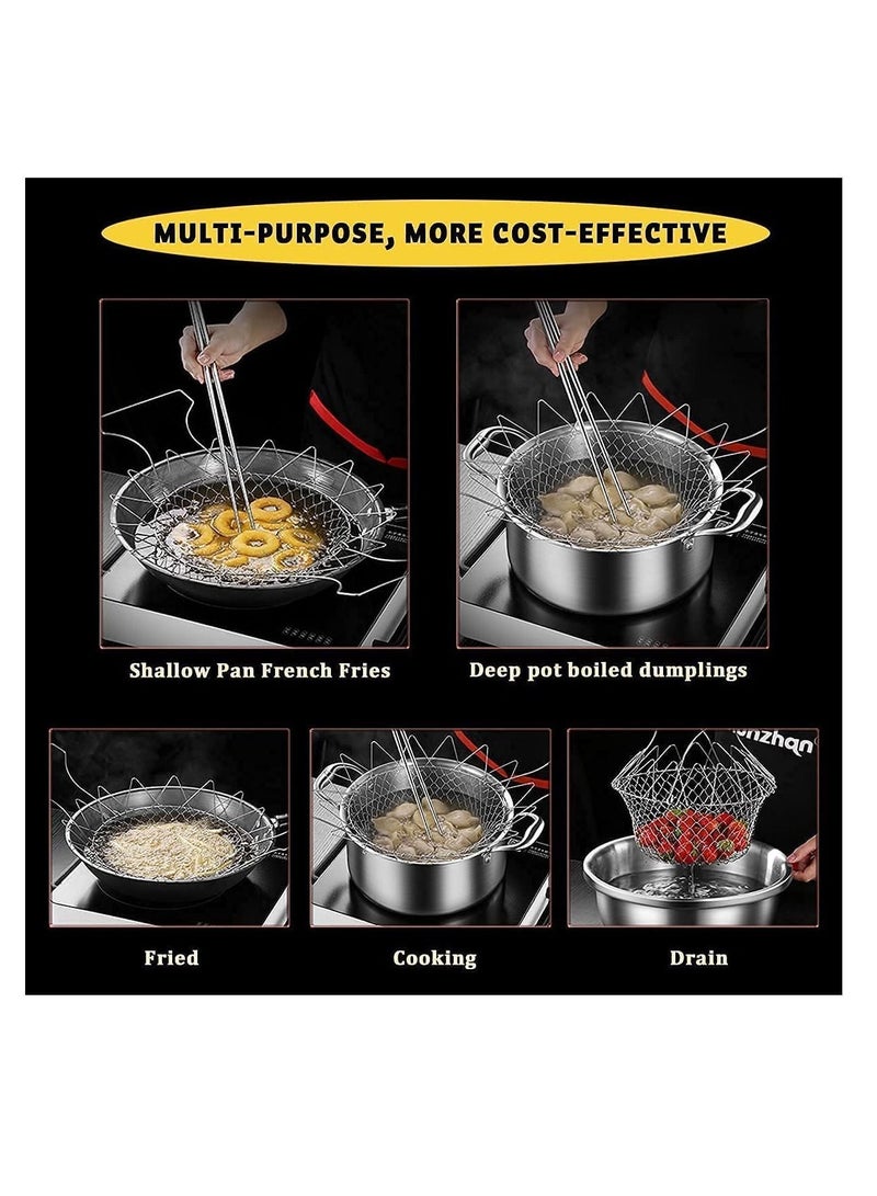 Foldable Stainless Steel Deep Fry Basket Multifunction Steam Rinse Strain Strainer Net Telescopic Folding for Fried Food or Fruits Kitchen Utensil Cooking Gadgets - Image 2