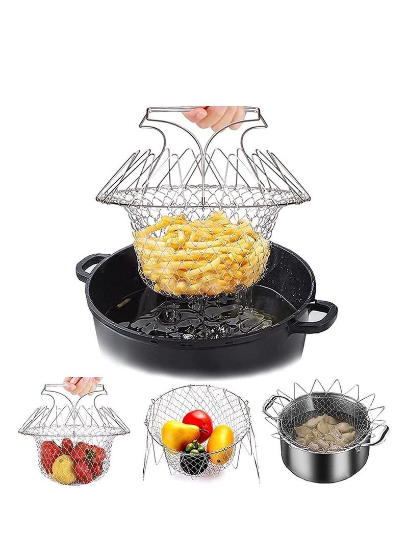 Foldable Stainless Steel Deep Fry Basket Multifunction Steam Rinse Strain Strainer Net Telescopic Folding for Fried Food or Fruits Kitchen Utensil Cooking Gadgets - Image 1