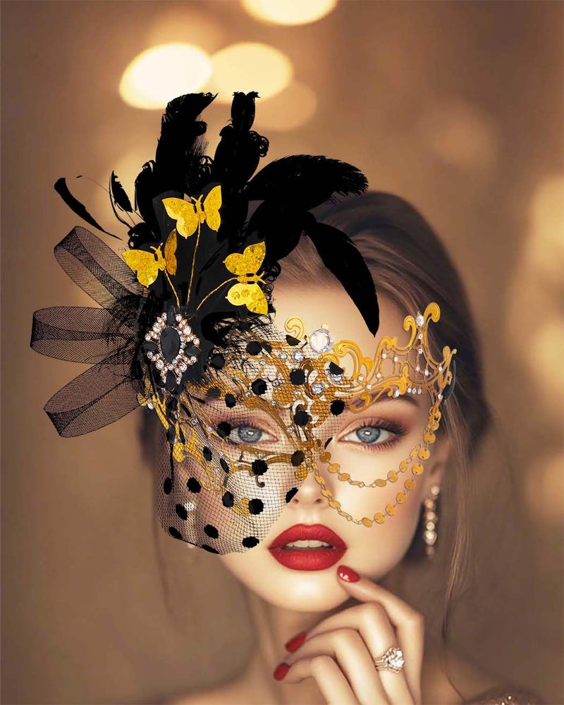 Campsis Women Masquerade Mask, Gold Masquerade Ball Mask, Feather Venetian Mask - Image 3