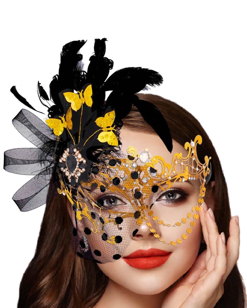 Campsis Women Masquerade Mask, Gold Masquerade Ball Mask, Feather Venetian Mask - Image 1