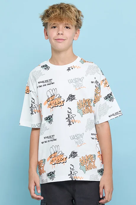 أر أند بي Printed T-Shirt with Crew Neck and Short Sleeves
