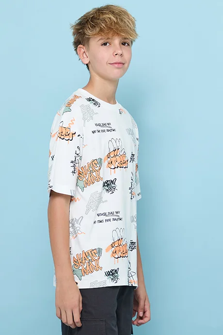أر أند بي Printed T-Shirt with Crew Neck and Short Sleeves