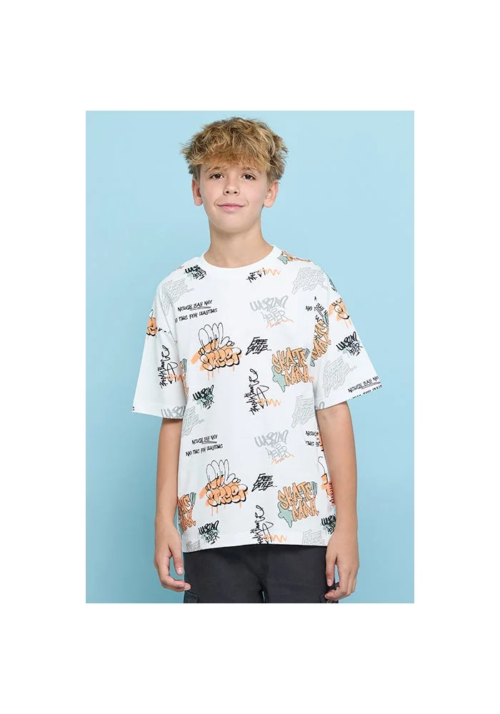 أر أند بي Printed T-Shirt with Crew Neck and Short Sleeves