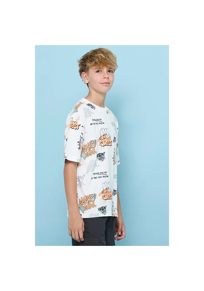 أر أند بي Printed T-Shirt with Crew Neck and Short Sleeves