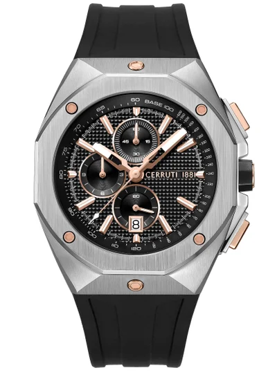 شيروتي 1881 Men's Cerruti 1881 Arezzo Chronograph Watch for Men - Guilloche Matte Black Dial, Black Silicon Strap