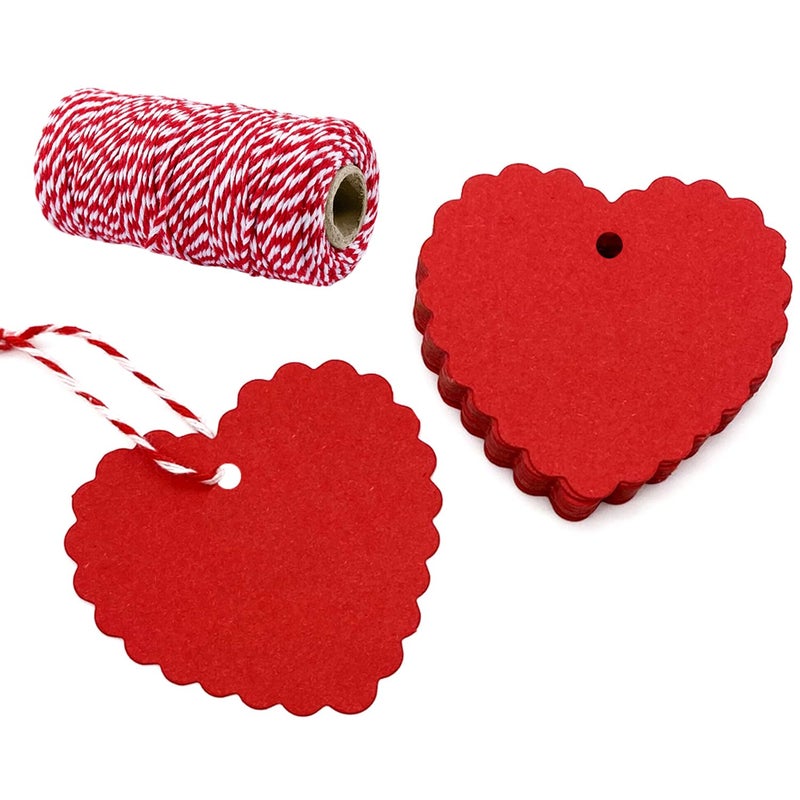 FUGUIR 100 Pcs Valentines Gift Tags Red Heart Cutouts Heart Shaped Paper Present Tags with 300 Feet String for Valentines Day Mothers Day Wedding Party Gift Wrapping Hang Labels - Image 1
