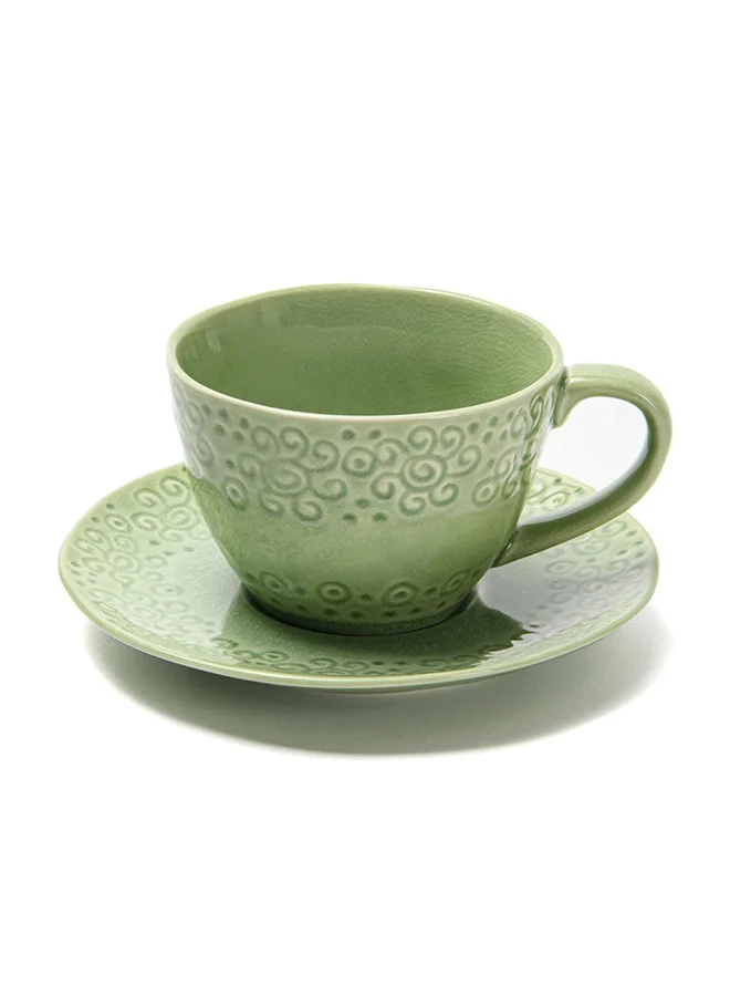 DANUBE HOME Cup With Saucer Ceramic Loose Crockery Coffee And Tea Mug With Saucer For Kitchen And Dining Room 260 Ml Green