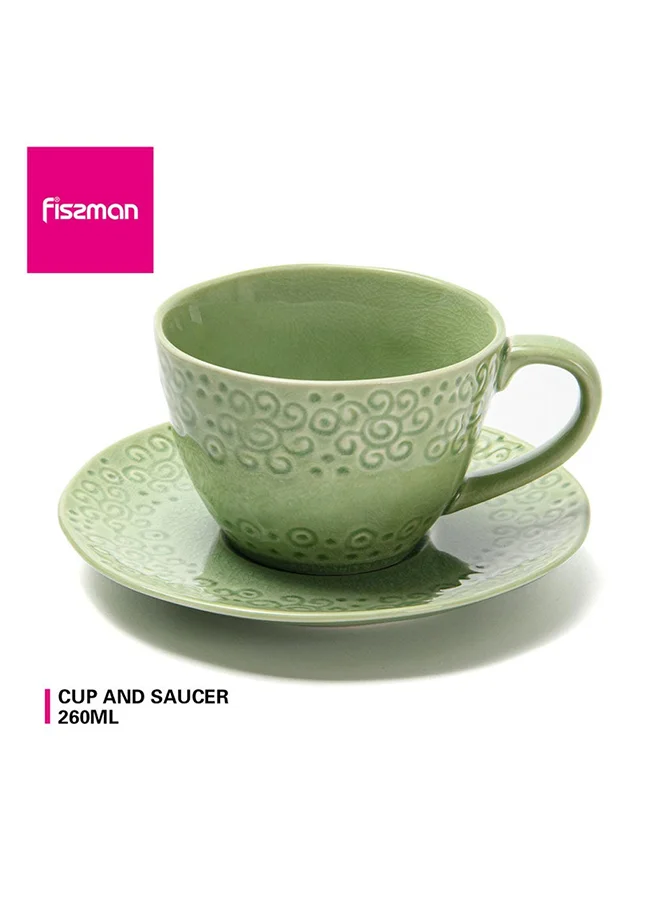 DANUBE HOME Cup With Saucer Ceramic Loose Crockery Coffee And Tea Mug With Saucer For Kitchen And Dining Room 260 Ml Green