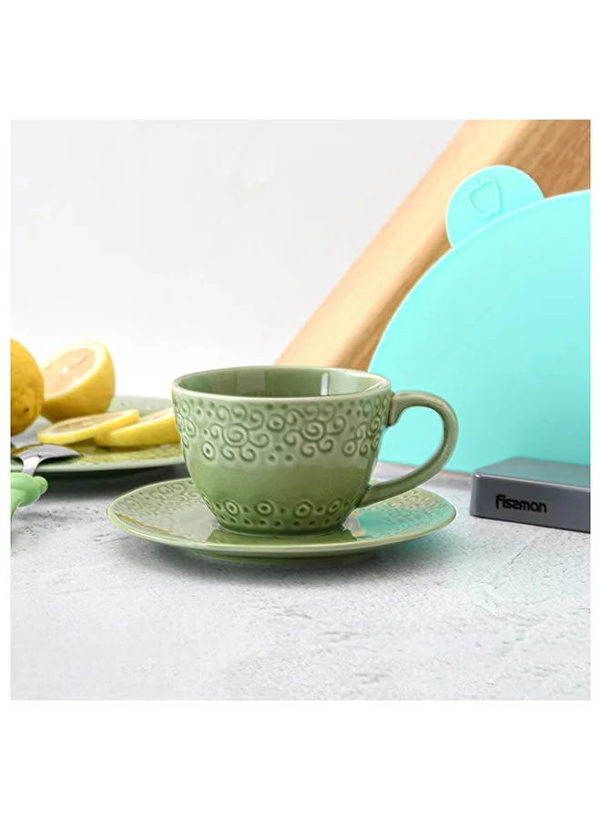 DANUBE HOME Cup With Saucer Ceramic Loose Crockery Coffee And Tea Mug With Saucer For Kitchen And Dining Room 260 Ml Green
